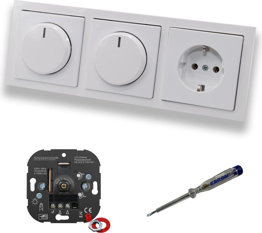 EBROM 1001 (2 x) LED Drehdimmer Dimmer + Busch Jäger Dimmerscheiben 6540-84-102 und Steckdose mit Kinderschutz 20EUCKS-84 in Future Linear Studiow...