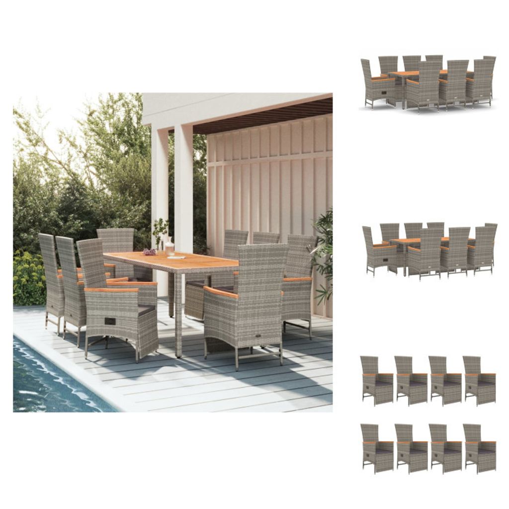 vidaXL 9-tlg. Garten-Essgruppe mit Kissen Grau Poly Rattan Produktbild 