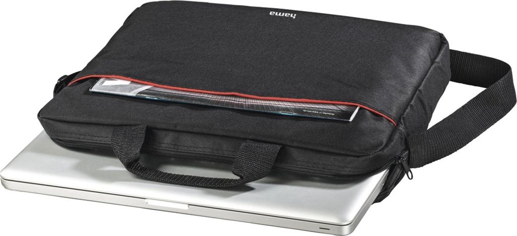 A black laptop bag with a silver laptop partially inside.