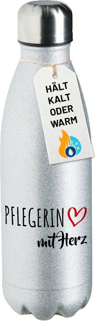 Huuraa Trinkflasche Pflegerin mit Herz 500ml Silver Edelstahl Wasserflasche Trinkflasche Geschenkidee