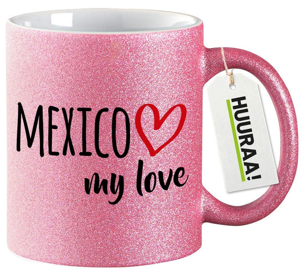 Huuraa Glitzertasse Mexico my love 330ml Pink Keramik Kaffeebecher Geschenkidee