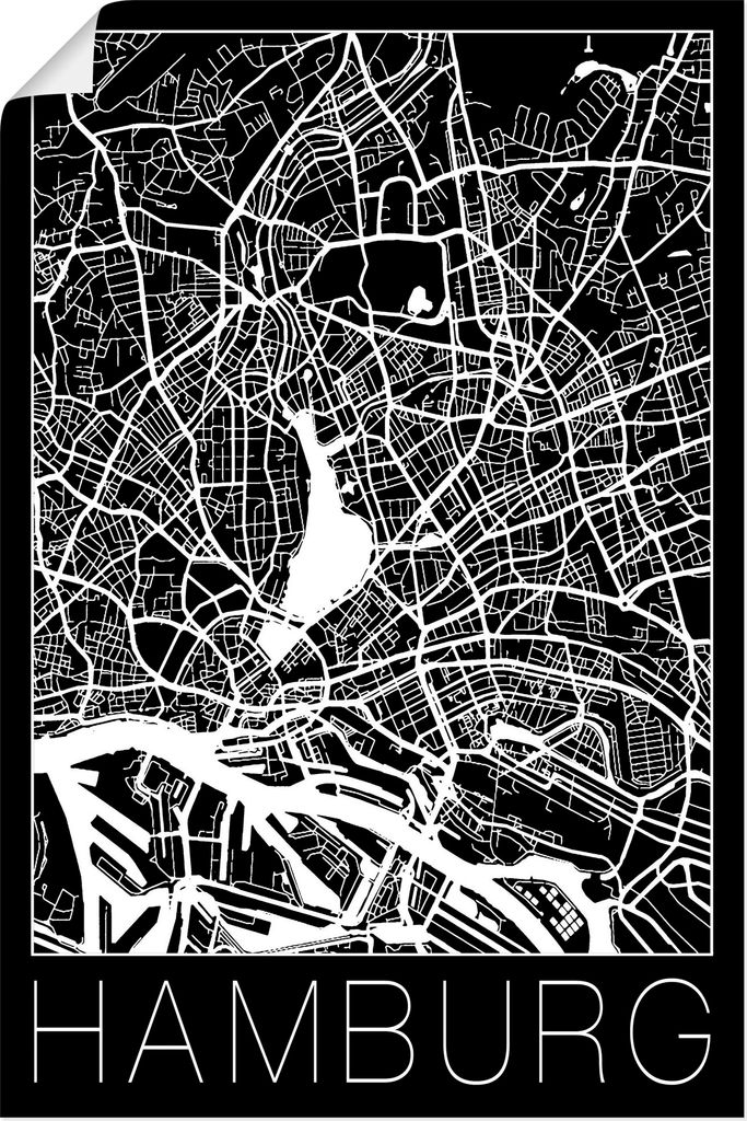 ARTland Poster Retro Karte Hamburg Deutschland Schwarz Größe: 20x30 cm