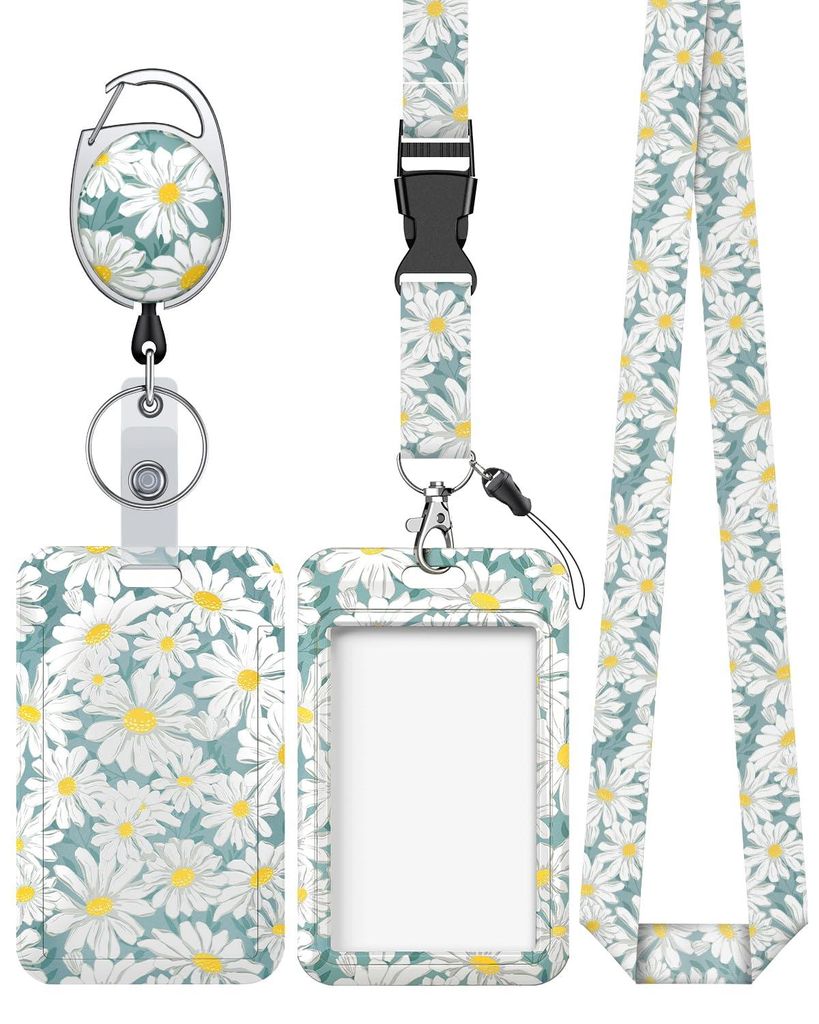 Ausweishalter mit Blumenmuster und Schiebemechanismus, weißes Kunststoffgehäuse mit Blumenmotiv, ausziehbarer Ausweishalter, Karabiner und abnehm...
