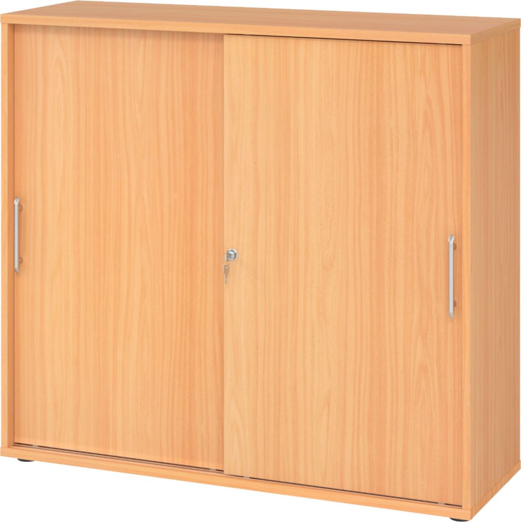 bümö Schiebetürenschrank office - 3 Ordnerhöhen - Griff: Relinggriff (Kunststoff), Nachbildung: Buche