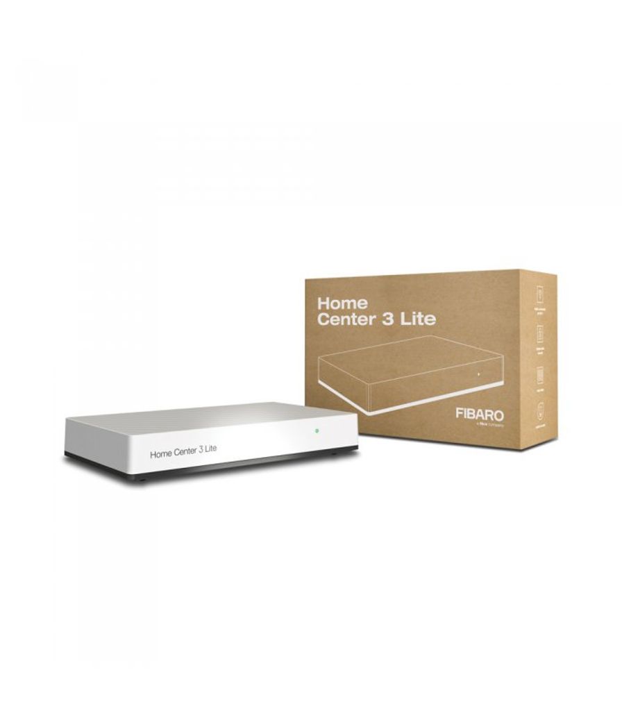 A white Fibaro Home Center 3 Lite device is shown next to its brown packaging on a white background.