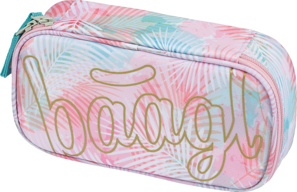 A close-up, front-facing view of a pencil case with a tropical leaf pattern.