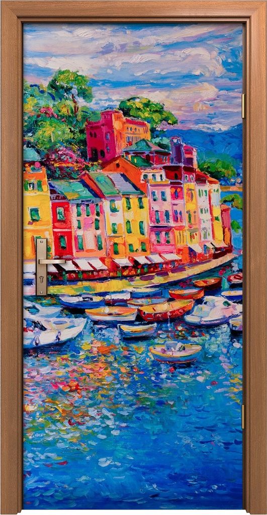 Türposter 90x200 cm Türaufkleber Türtapete Türfolie Klebefolie Ozean farbenfrohe Stadt Seeboote
