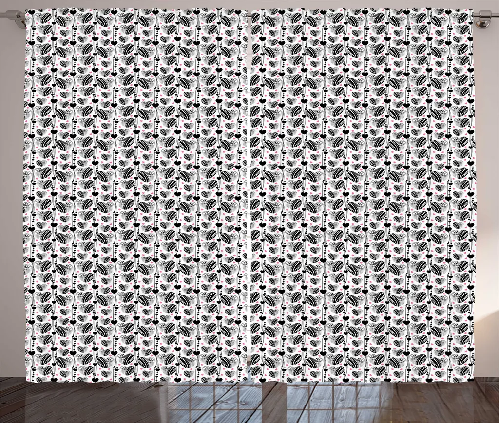 Rideau Rustique Noir et Rose Imprimé Cœurs 280x225 cm avec Accessoires