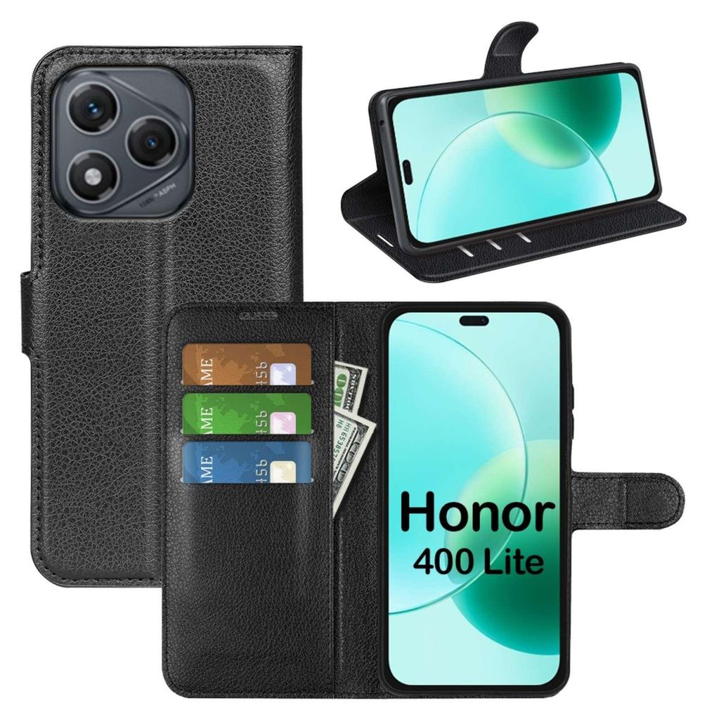 A collage of images showing a black leather wallet-style phone case for a Honor 400 Lite phone, with cards and cash inserted, and a phone displayed in the case.