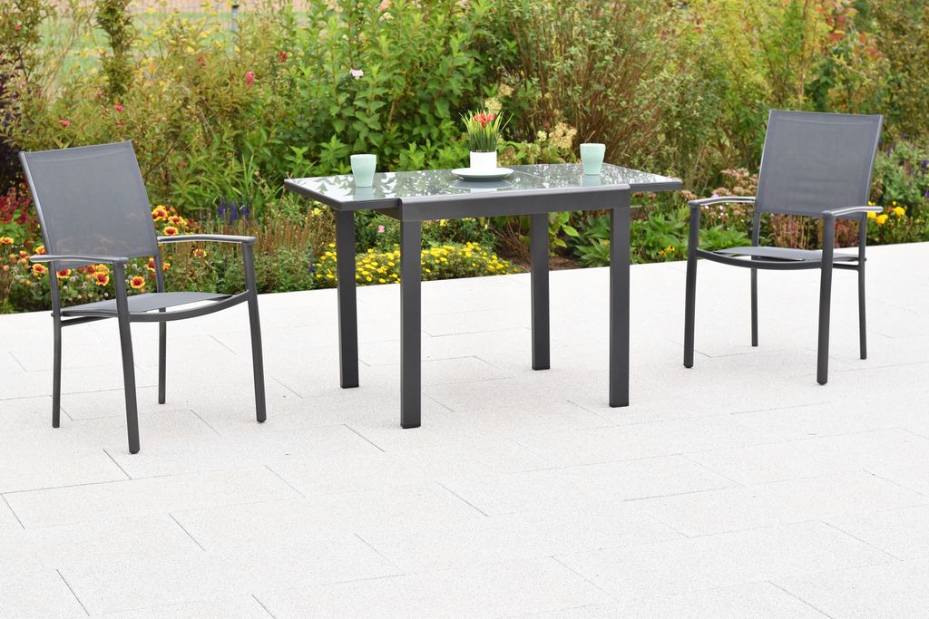 Merxx "Milano" Set 3tlg., 2 Stapelsessel, Balkonausziehtisch 80 (120) x 70 cm, grau, Aluminium/Textil