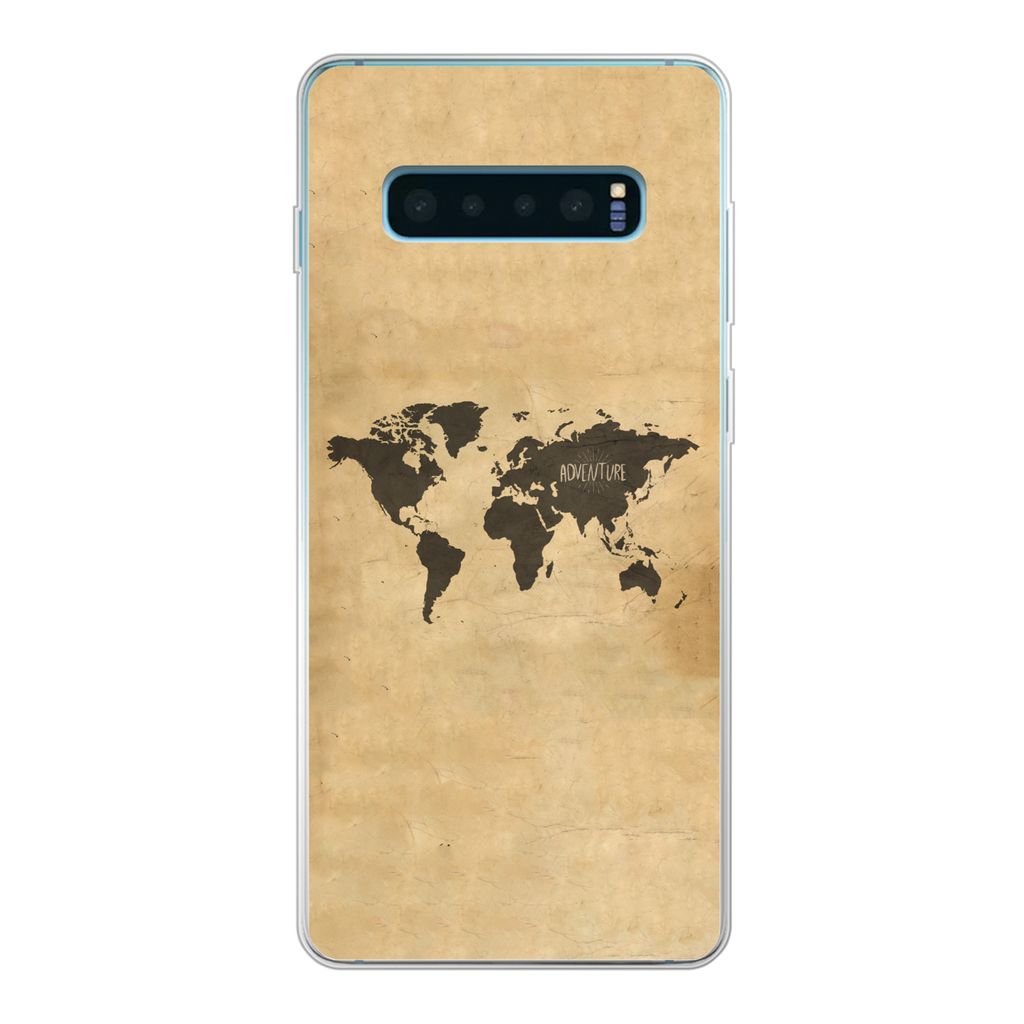MuchoWow Handyhülle Schutzhülle Hülle für Samsung Galaxy S10 Lite Weltkarte - Braun - Zitat Silikon Softcase Handy Hülle - Schutz