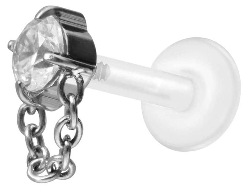 Ohrpiercing, Nasenpiercing PTFE Labret mit Innengewinde + Titan-Aufsatz KRISTALL + KETTE Silber Stablänge: 10mm | Stabstärke: 1,2mm