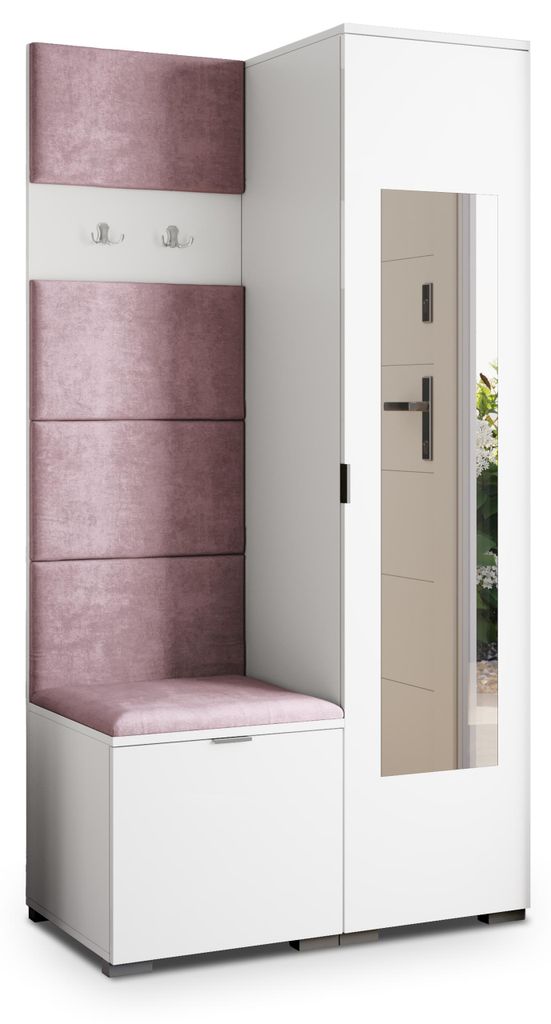 Masseno Garderobe-Set VIRA 95/181/51 cm Modern Garderobenschrank Weiß, Veloursstoff MONOLITH 62 (Lila)