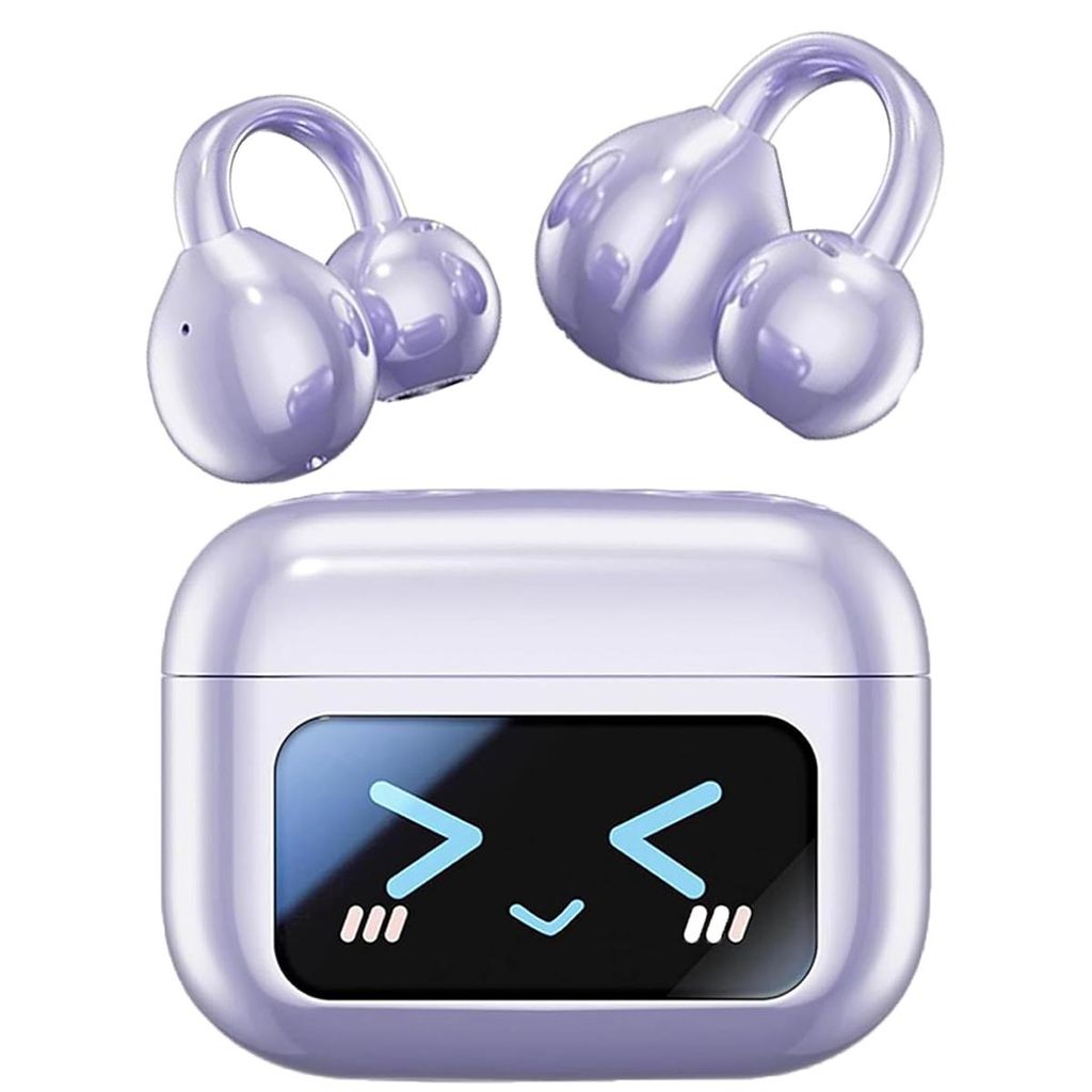 A pair of purple clip-on Bluetooth earbuds and their charging case are displayed against a white background.