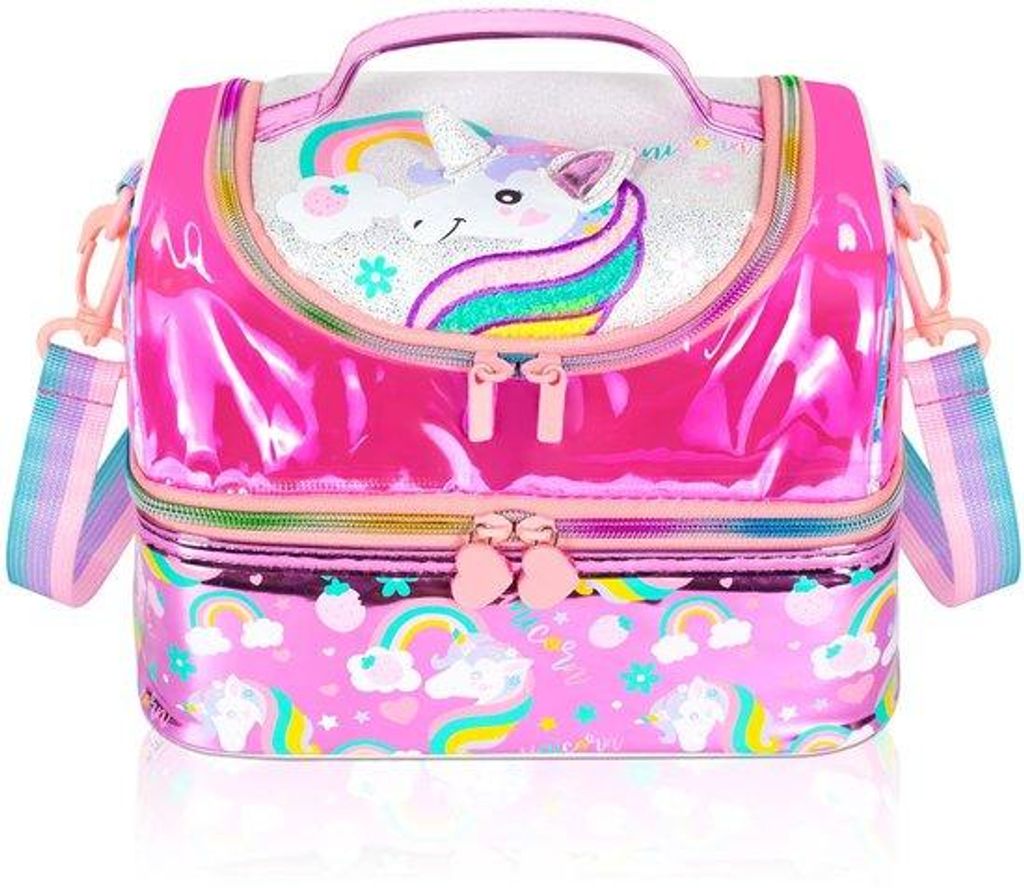 Lunchbox-Set für Kinder mit zwei Sektionen und austauschbaren, einstellbaren Mädchen- und Jungenbehältern in rosa.