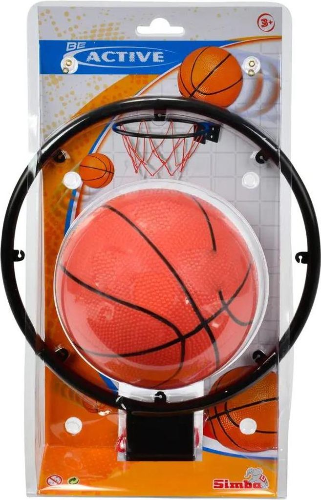 A basketball hoop and ball toy packaged for retail.