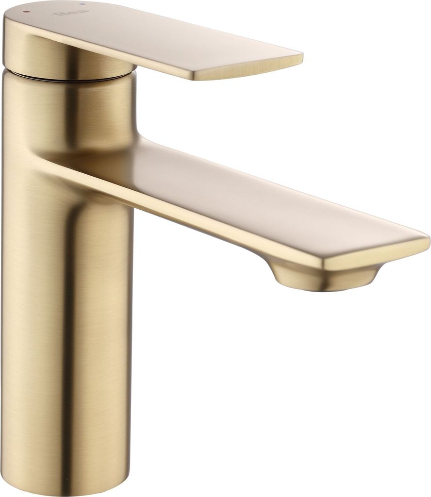 A close-up studio shot of a single gold-colored faucet.