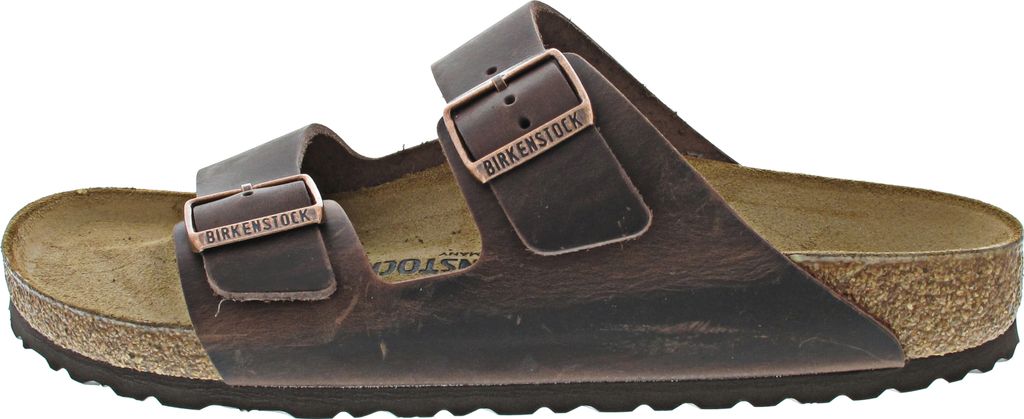 A side view of a brown Birkenstock sandal.