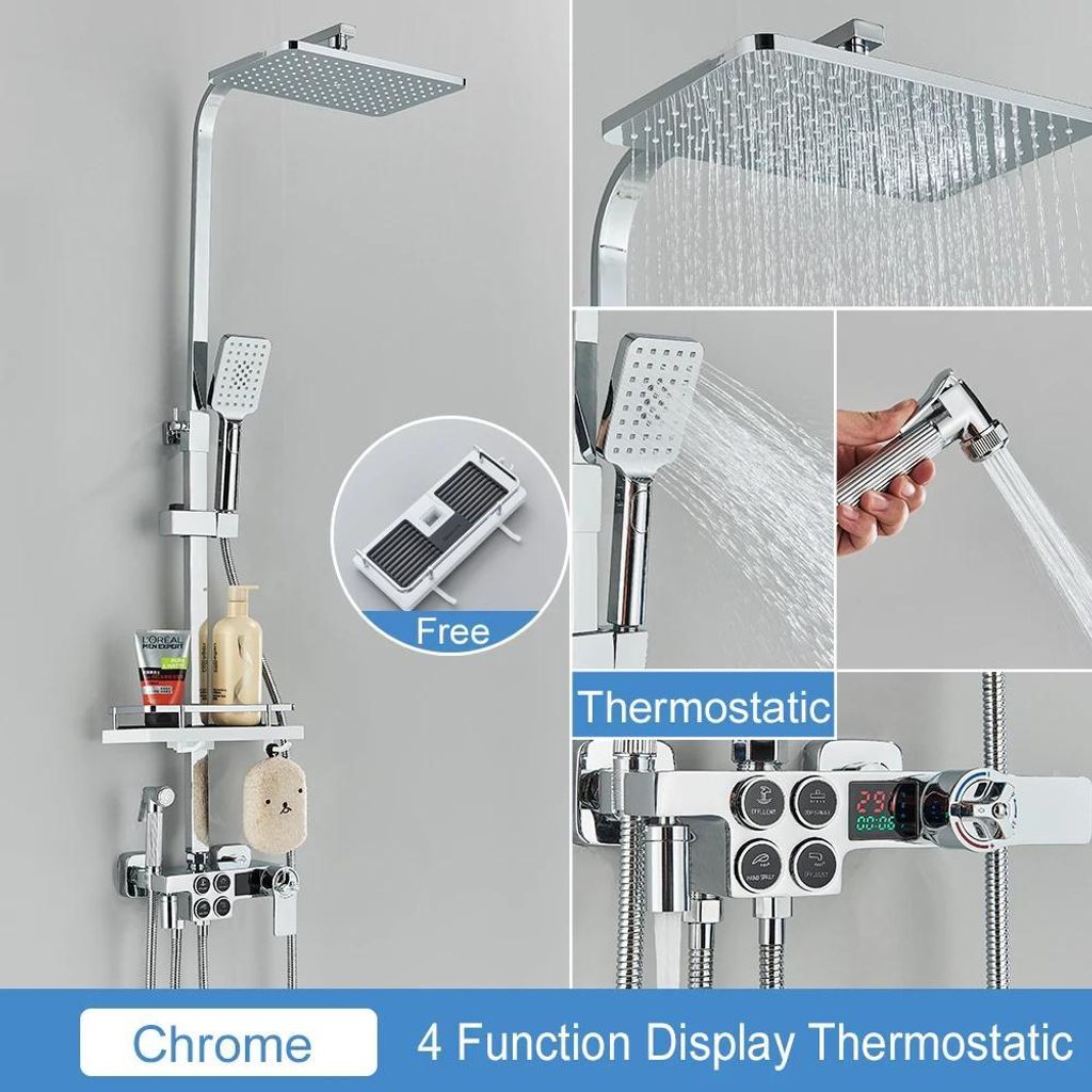 Duschset - Thermostat Duschsystem - Regendusche 20 cm - Höhenverstellbar - Schwenkbarer Kopf - Keramikkartusche - Einhebel - Grün