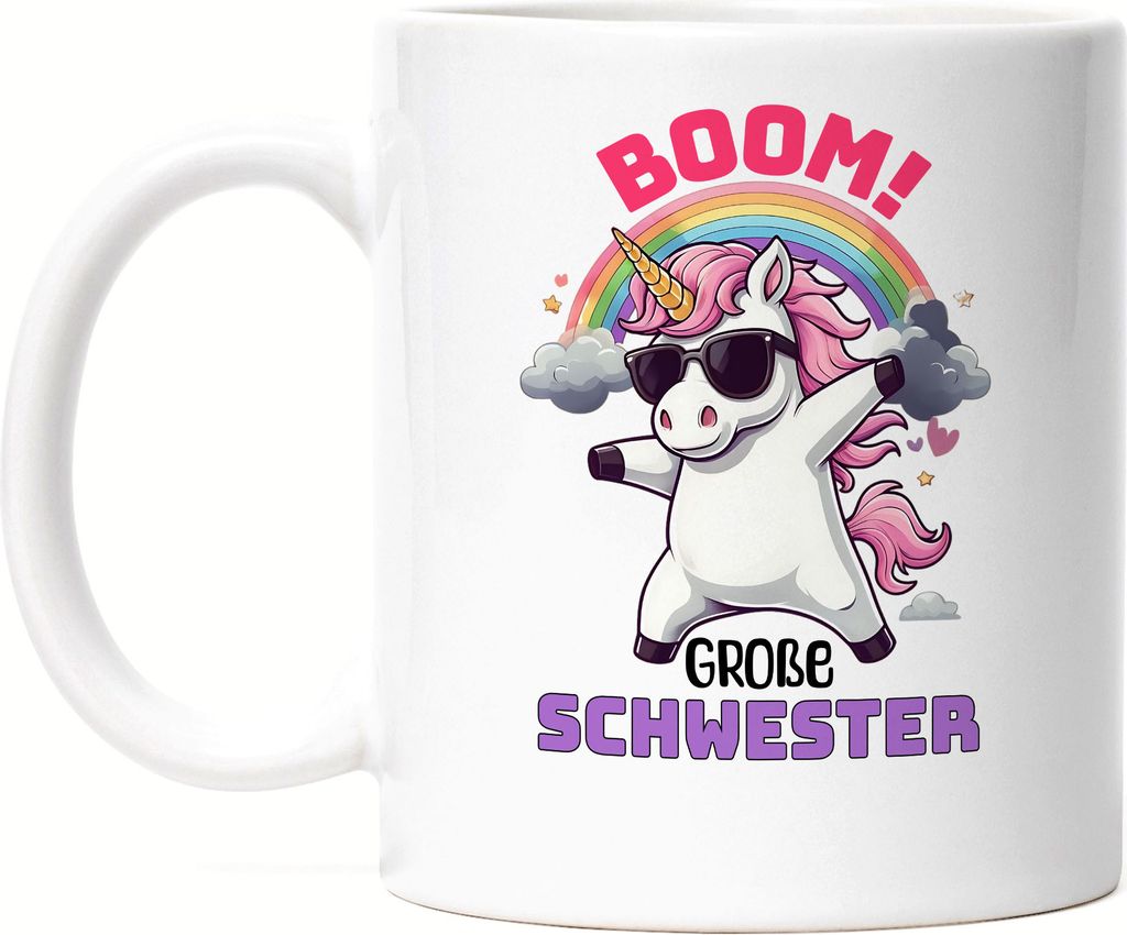 Boom Große Schwester Tasse Weiß Geschenk Einhorn Geschwister Geburt Überraschung Party Freude