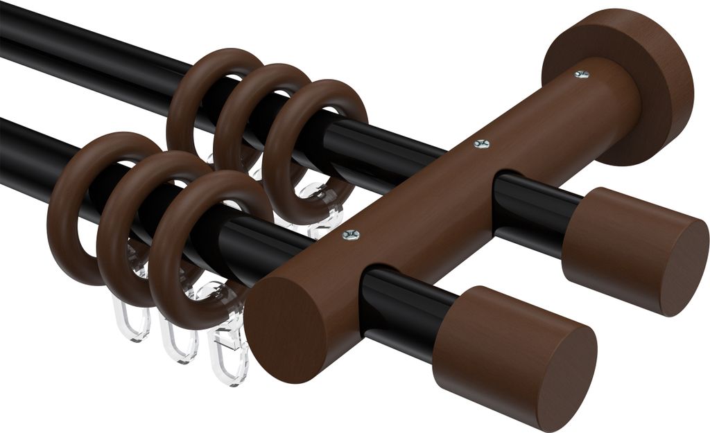 Interdeco Gardinenstange / Vorhangstange Schwarz / Nussbaum lackiert, Typ Talena Feta (Kappe), 20 mm Ø 2-läufig, 280 cm