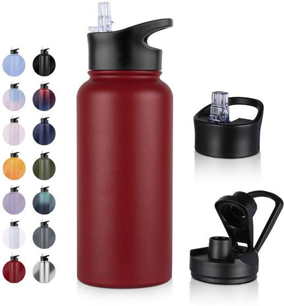 Isolerende RVS-Trinkflasche - 1L - mit Grasfaden, leckfrei, für gesprudelte Getränke geeignet, BPA-freie Thermosflasche (+2 Deckel) mit Vakuum-Do...