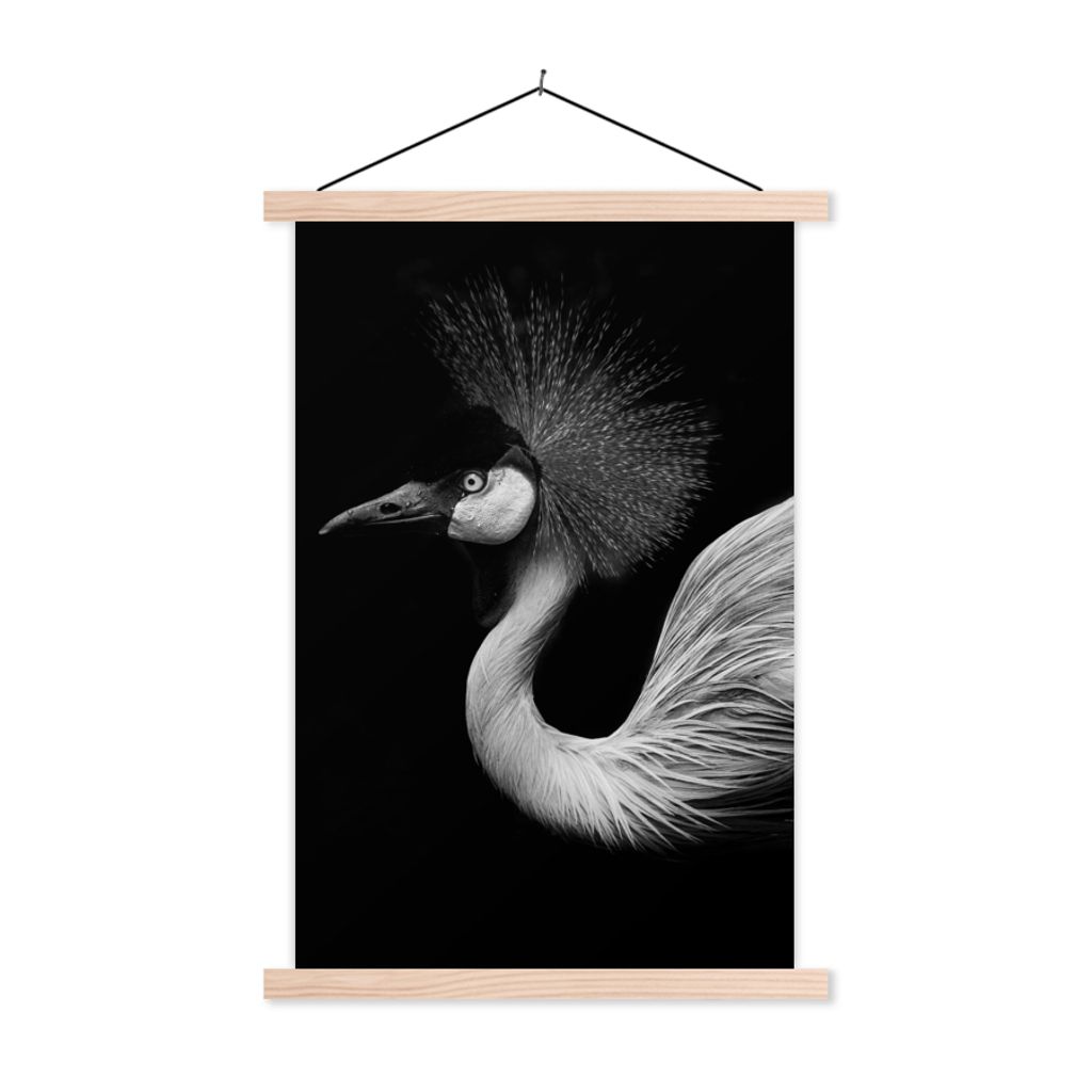 MuchoWow Textilposter Kranich - Schwarz - Weiß - Vogel - Tiere 60x90 cm mit holzfarbenen Rahmen - Textil