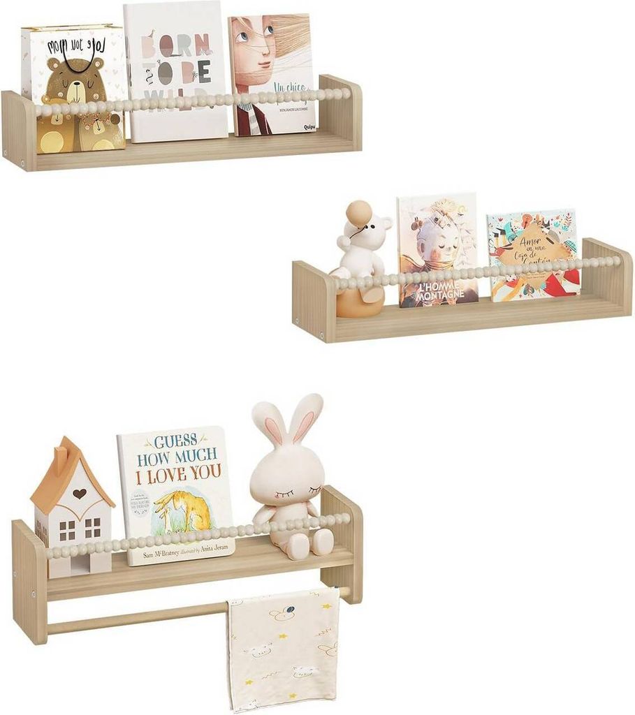 WOLTU 3er Set Kinder Bücherregal, Wandregal, aus Massivholz, für Bücher Spielzeug : Holzfarbe 50 x 15 x 14 cm Farbe: Holzfarbe Größe: 50 x 15 ...