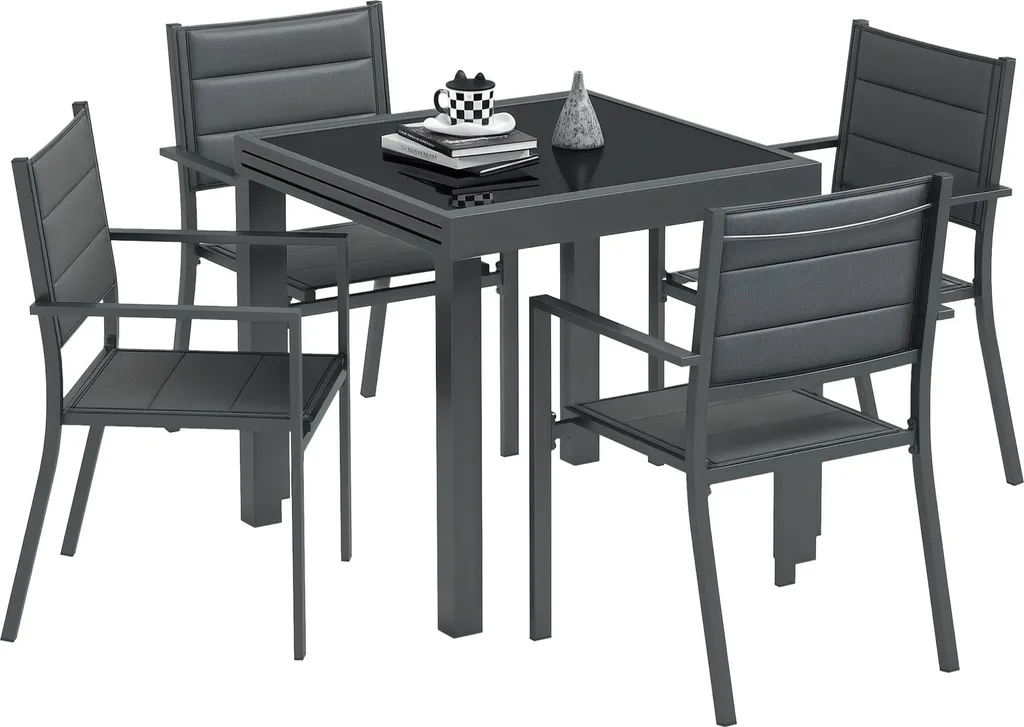 Salon de jardin 4 places gris aluminium table 160cm et chaises textilène