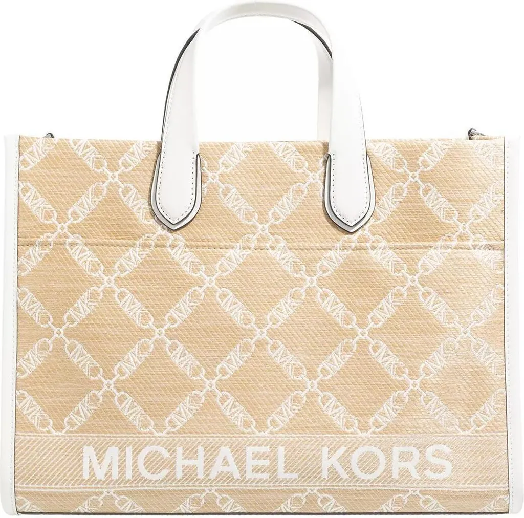 Cabas Michael Kors Gigi en Toile Bicolore Naturel et Blanc avec Logo MK