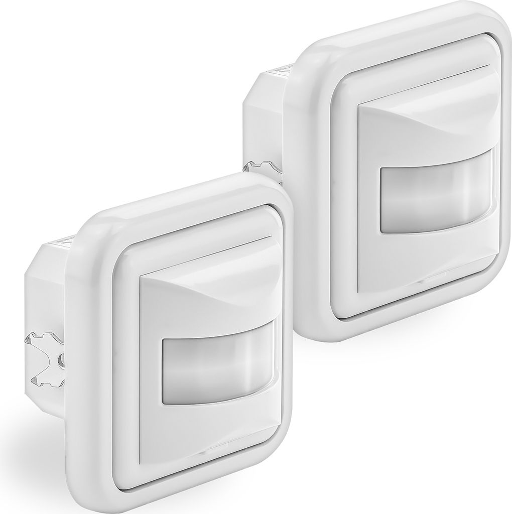 deleyCON 2x Infrarot Bewegungsmelder Unterputz Wandmontage Innenbereich Lichtsteuerung 160° Arbeitsfeld 9m Reichweite eingebauter Lichtsensor Weiß