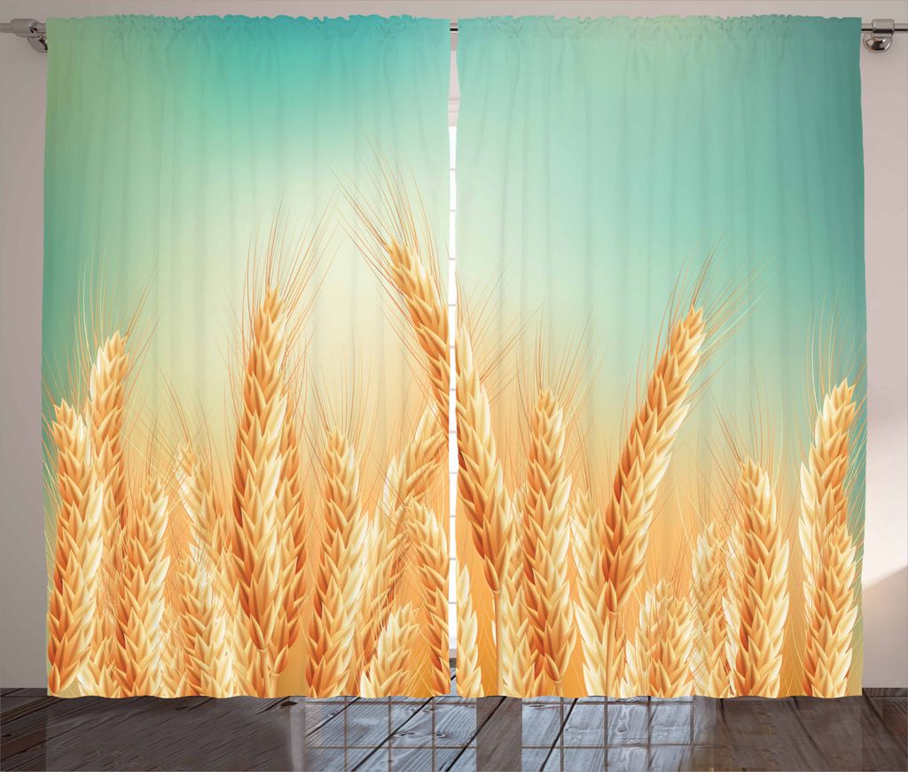 ABAKUHAUS Ernte Rustikaler Gardine, Weizen-Feld Blue Sky, Schlafzimmer Kräuselband Vorhang mit Schlaufen und Haken, 280 x 245 cm, Gelb Orange Mint...