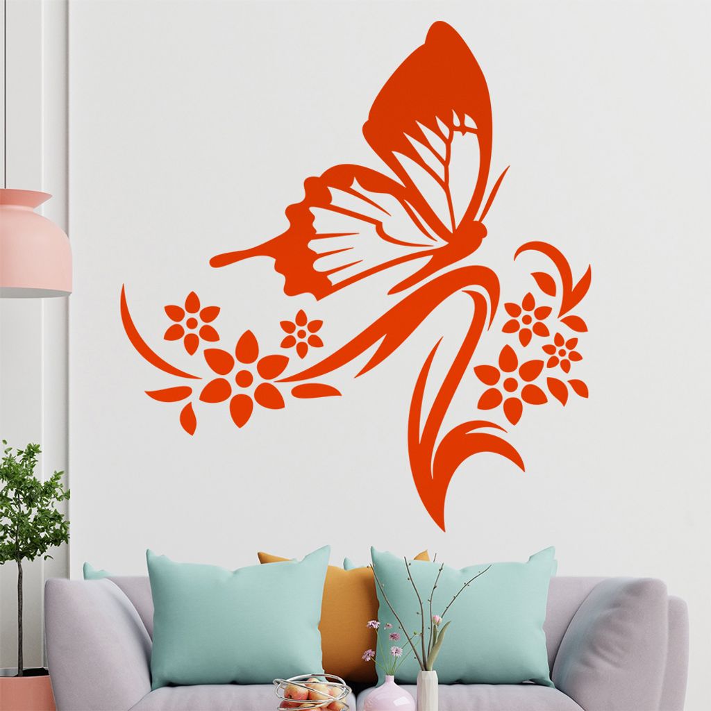 Großer Falter Blüten Wandtattoo in 6 Größen - Wandaufkleber Wall Sticker - Dekoration, Küche, Wohnzimmer, Schlafzimmer, Badezimmer