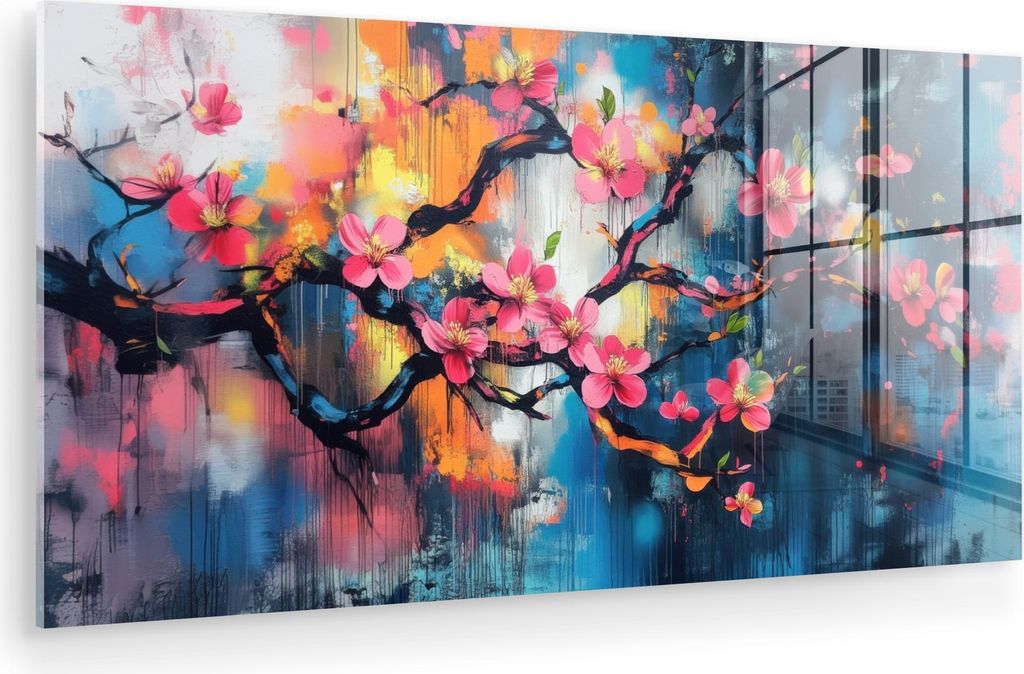 MuchoWow Glasbilder - Bilder auf Wandbild - Foto auf Glas Blumen - Zweig - Künstlerisch - Rosa 40x20 cm Wanddekoration aus Glas - Acrylglasbild - ...