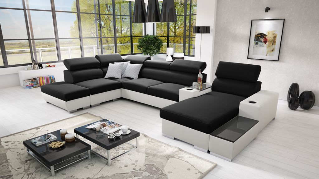 Wohnlandschaft in U-Form PERS V Ecksofa Eckcouch mit Schlaffunktion (Schwarz SAWANA 14 + weißes Kunstleder, Rechts)
