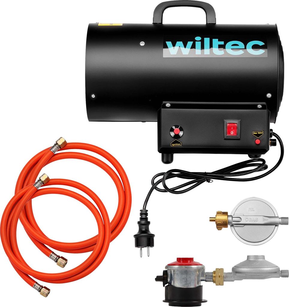 Wiltec Gasheizgebläse 15 kW inkl. Gasdruckminderer für Spanien 700 mbar, Gas Heizkanone mit 30 W Motor, Heißluftgenerator aus Stahl, LPG-betrieb...