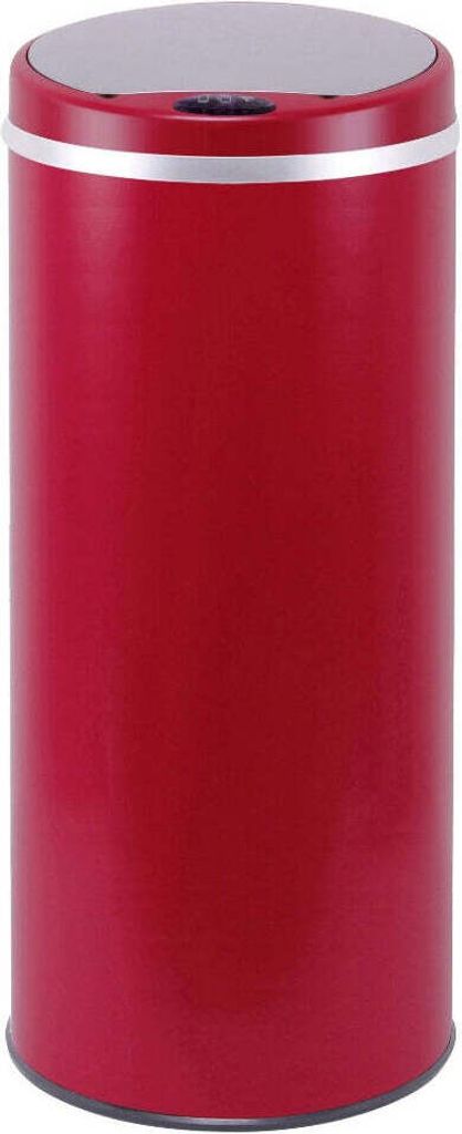 A red kitchen trash can with a silver lid and trim.