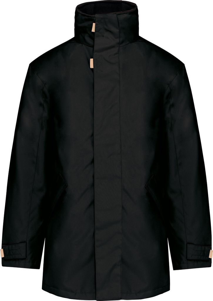 A black parka jacket is shown against a white background.