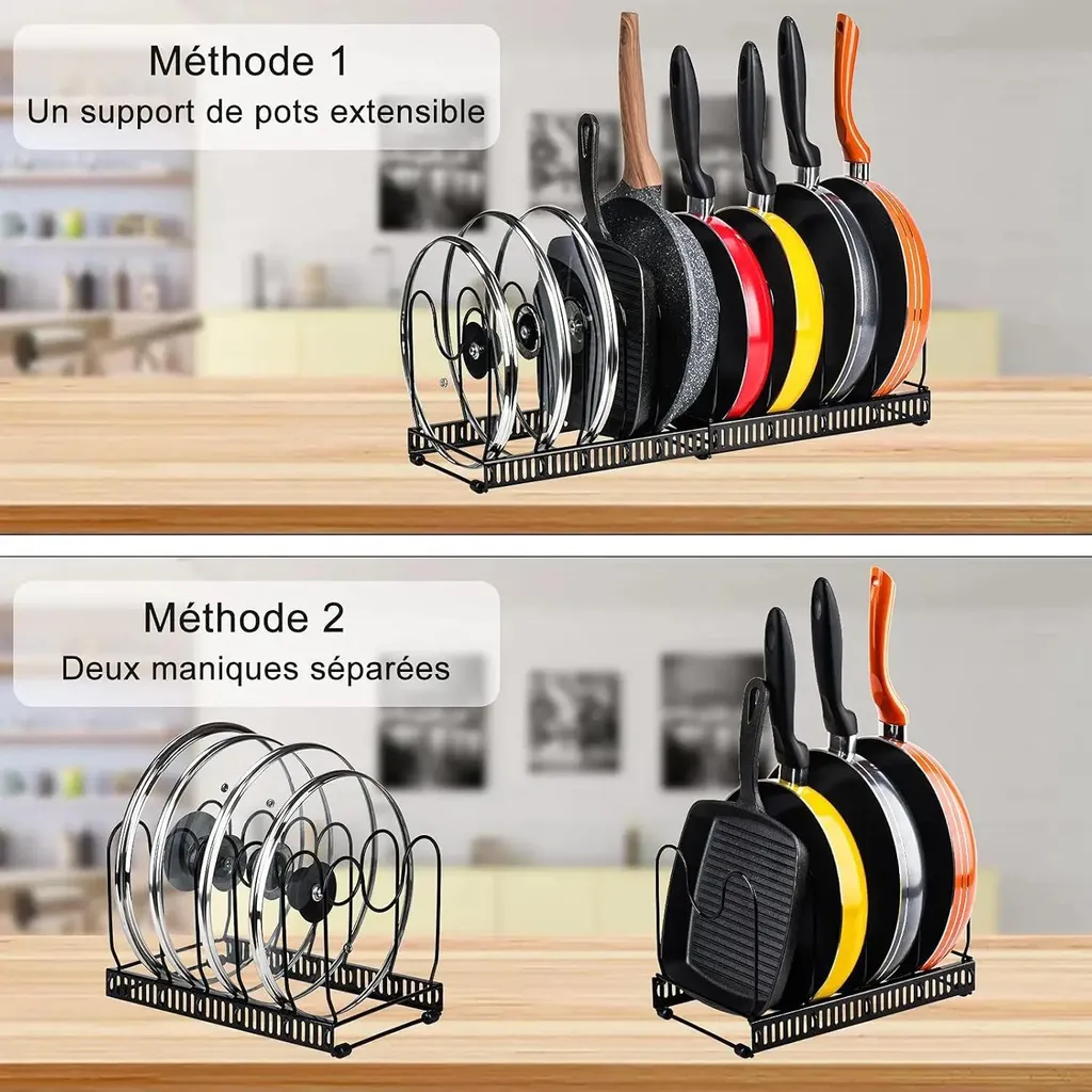 Support couvercles de casseroles réglable noir 10 compartiments en fer