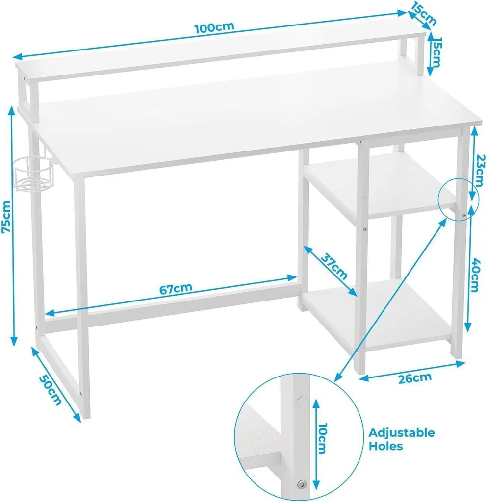 Bureau blanc avec étagère et support d'écran 100x50cm - Gamme Oslo - 3