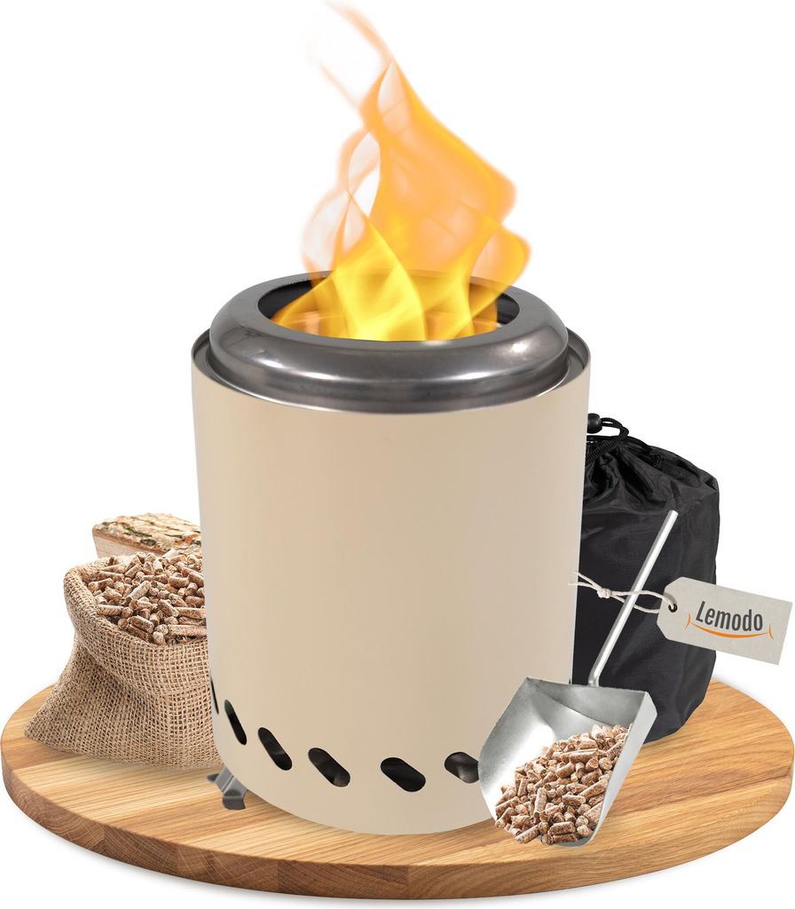 Tischkamin beige für Holzpellets, rauchfreies Tischfeuer, Feuerstelle