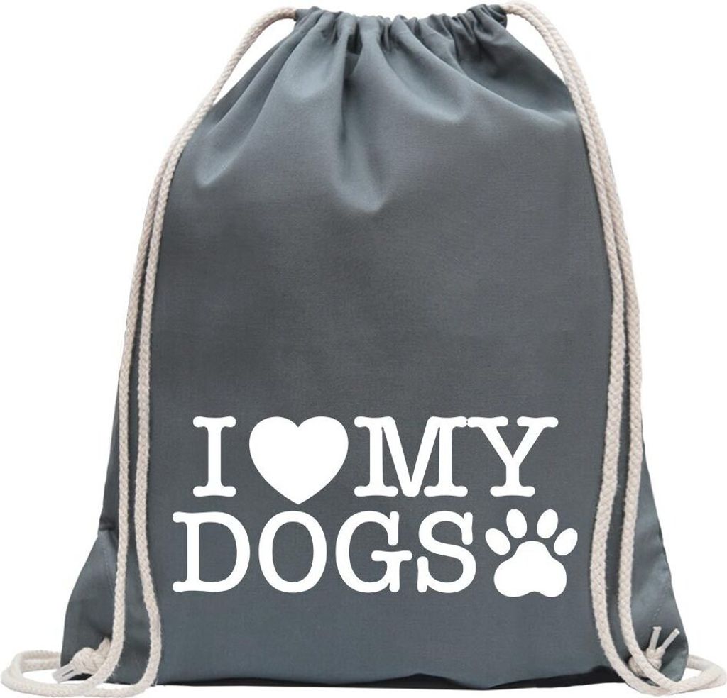 Kiwistar - Turnbeutel - stahlgrau - I love my dogs - Fun Rucksack Sport Beutel Gymsack Baumwolle mit Ziehgurt