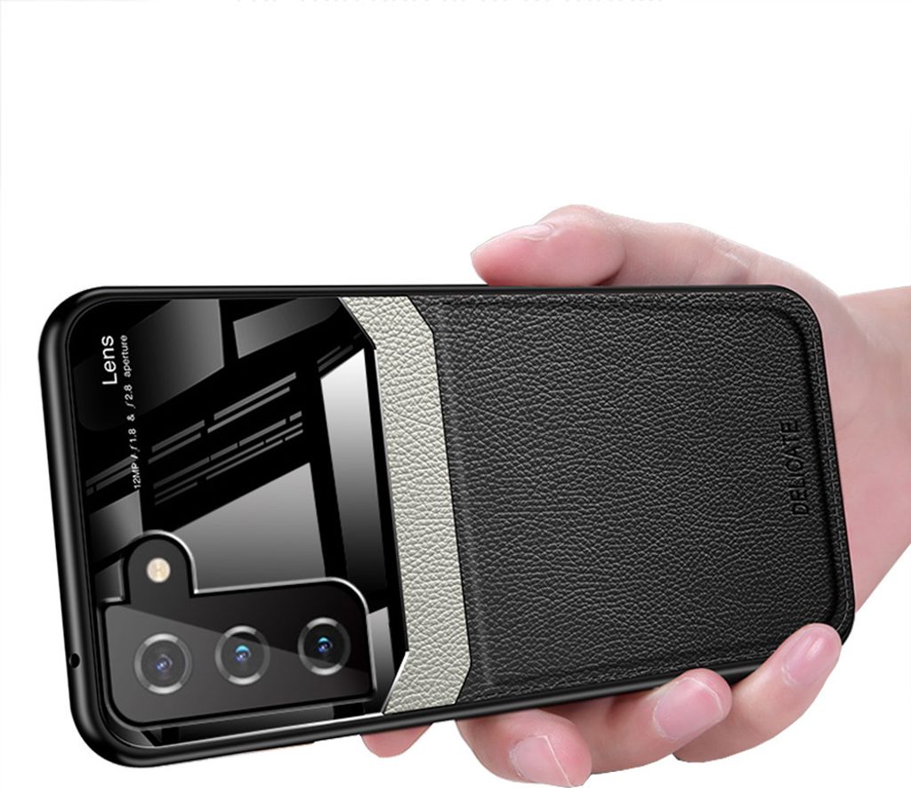 Galaxy S21+ 5G Hülle, TPU Stossfest Anti-rutsch Leder Glas Len Hybrid Schutzhülle für Samsung Galaxy S21 Plus 5G Schwarz