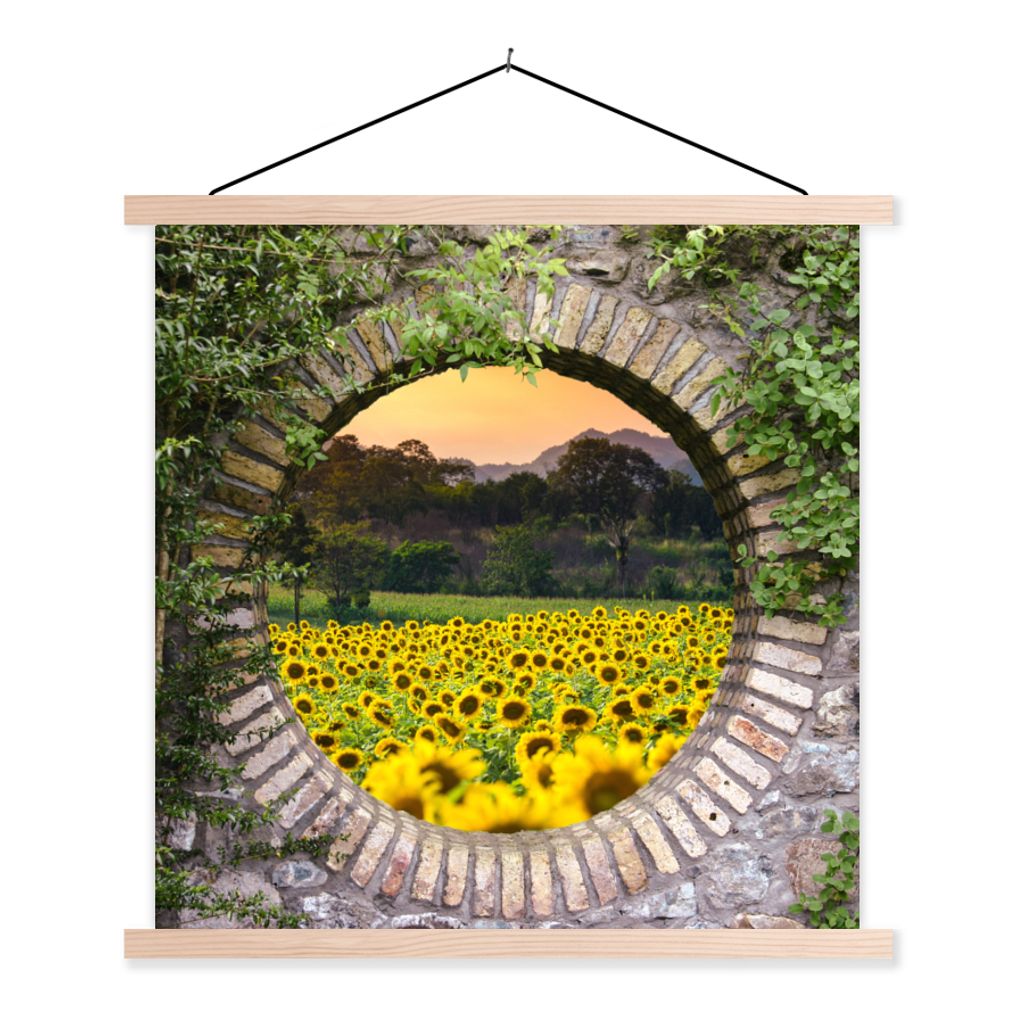 MuchoWow Textilposter Durchschauen - Blumen - Sonnenblume 40x40 cm mit holzfarbenen Rahmen - Posterleiste