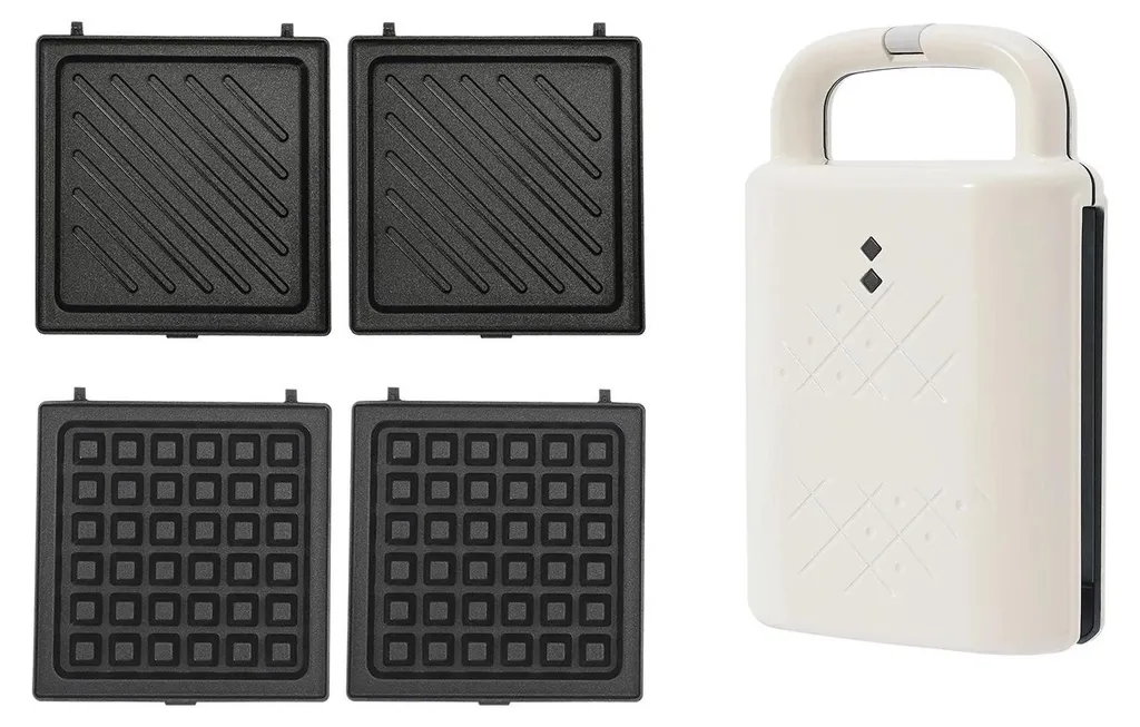 Mini gril de contact 800W blanc - Sandwich et Gaufre - Plaques interchangeables