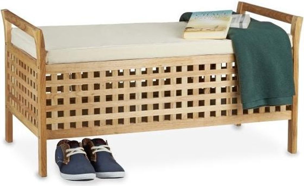 Ottomane Bank, Walnuss, Sitz mit Stauraum und Leinenkissen, Aufbewahrungsbank, 46,5 x 92,6 x 49 cm