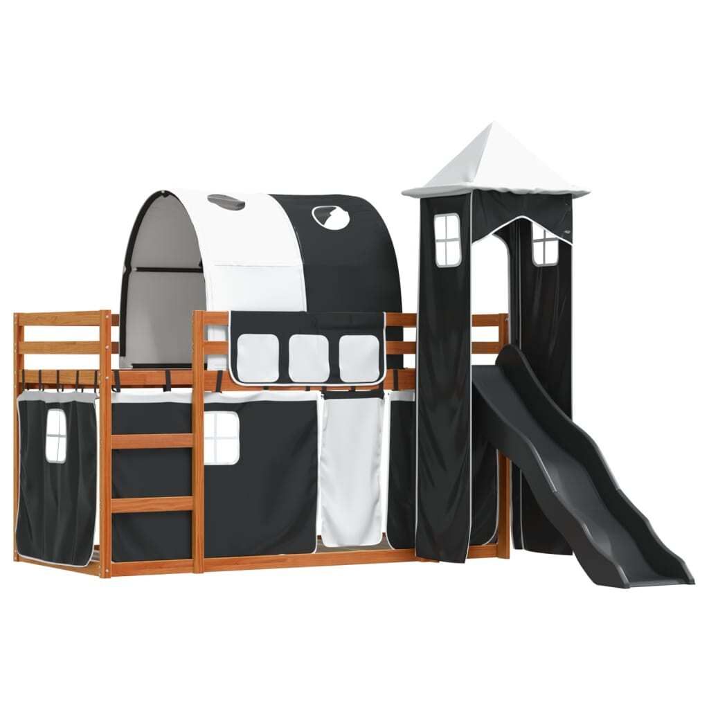(Robust Möbel)Bettgestell/Etagenbett - Einzelbett/Jugendbett - Erwachsene/r / Kind - mit Rutsche und Gardinen Weiß und Schwarz 90x200cm - Kla...
