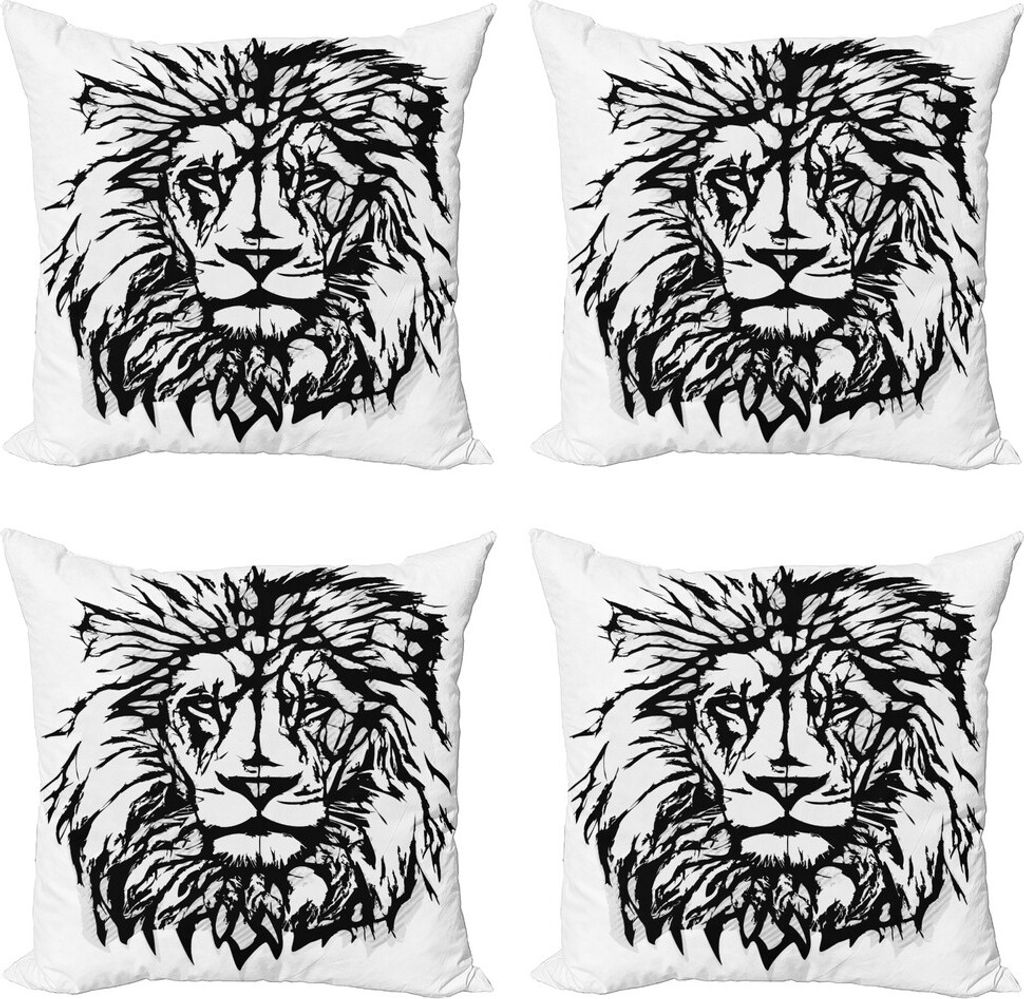 ABAKUHAUS Löwe Kissenbezug Set (4 Stück), Savannah Wildlife-Muster, Moderner Doppelseitiger Digitaldruck, 45 cm x 45 cm, Schwarz Weiß Hellgrau