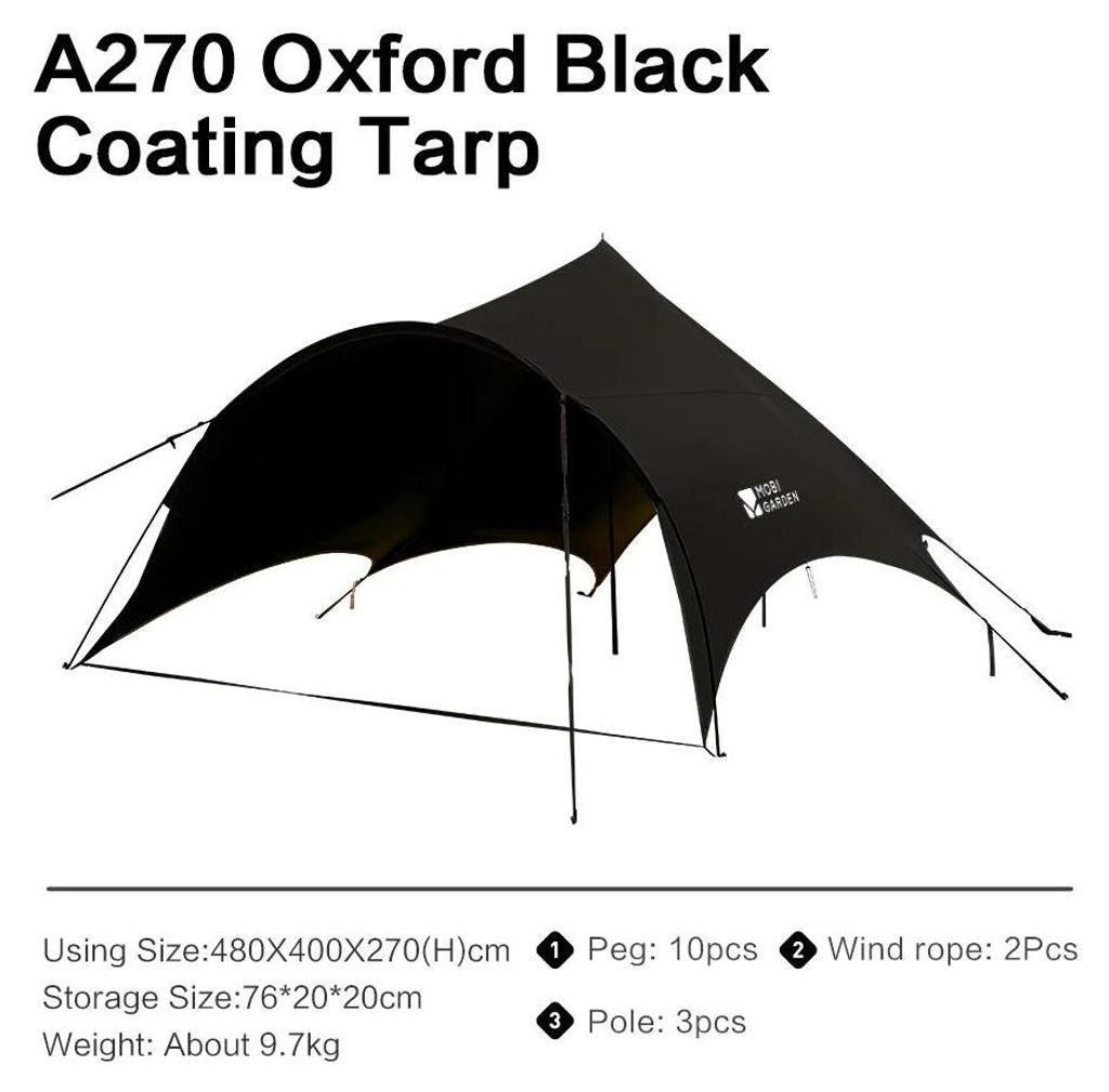 Camping Tarp - Hexagonale Sonnensegel Überdachung für 3-4 Personen - 480x400x270 cm - Wasserdicht PU5000 - Polyester mit Stangen - Schwarz