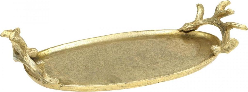 Goldenes Deko-Tablett Hirschgeweih-Design Vintage Stil Oval für Wohnzimmer Schmuckaufbewahrung Serviertablett 35x17cm